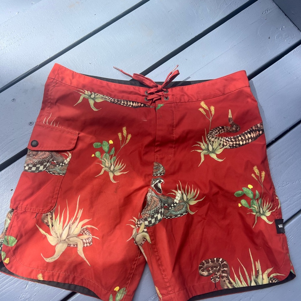 Vans Red Board Shorts with Tropical Motif